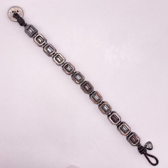 Vintage FOSSIL Antique Gold Tone Green Prong Set Glass Bracelet Toggle Clasp - Picture 6 of 8